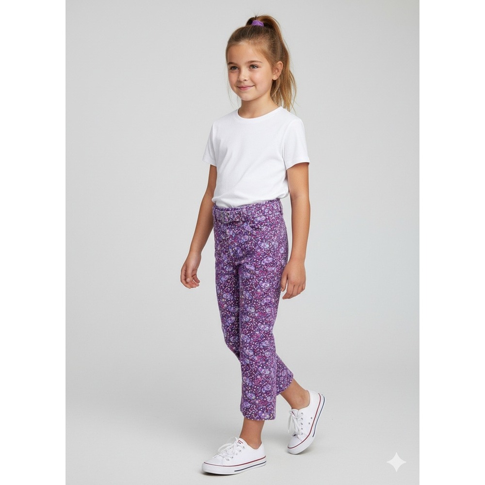 Girl Connection Purple Floral Corduroy Pants Girls Size‎ 8 Belted Wide Leg Y2K